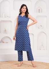 Elegant Sleeveless Blue Kurta & Pant Set in Pure Cotton – Lightweight and Stylish for Daily Wear or Casual Outings