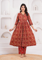 Vibrant Red-Orange Ethnic Suit Set with Dupatta – Crafted from Feather-Soft Pure Cotton for Supreme Comfort and Everyday Elegance