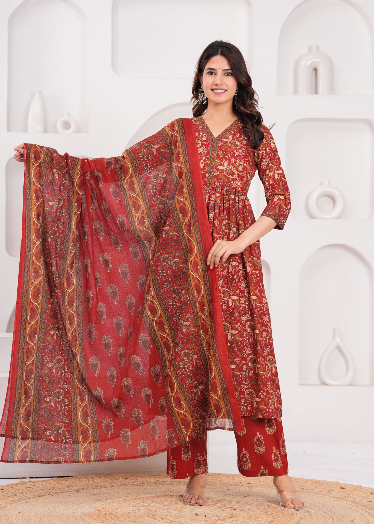 Vibrant Red-Orange Ethnic Suit Set with Dupatta – Crafted from Feather-Soft Pure Cotton for Supreme Comfort and Everyday Elegance
