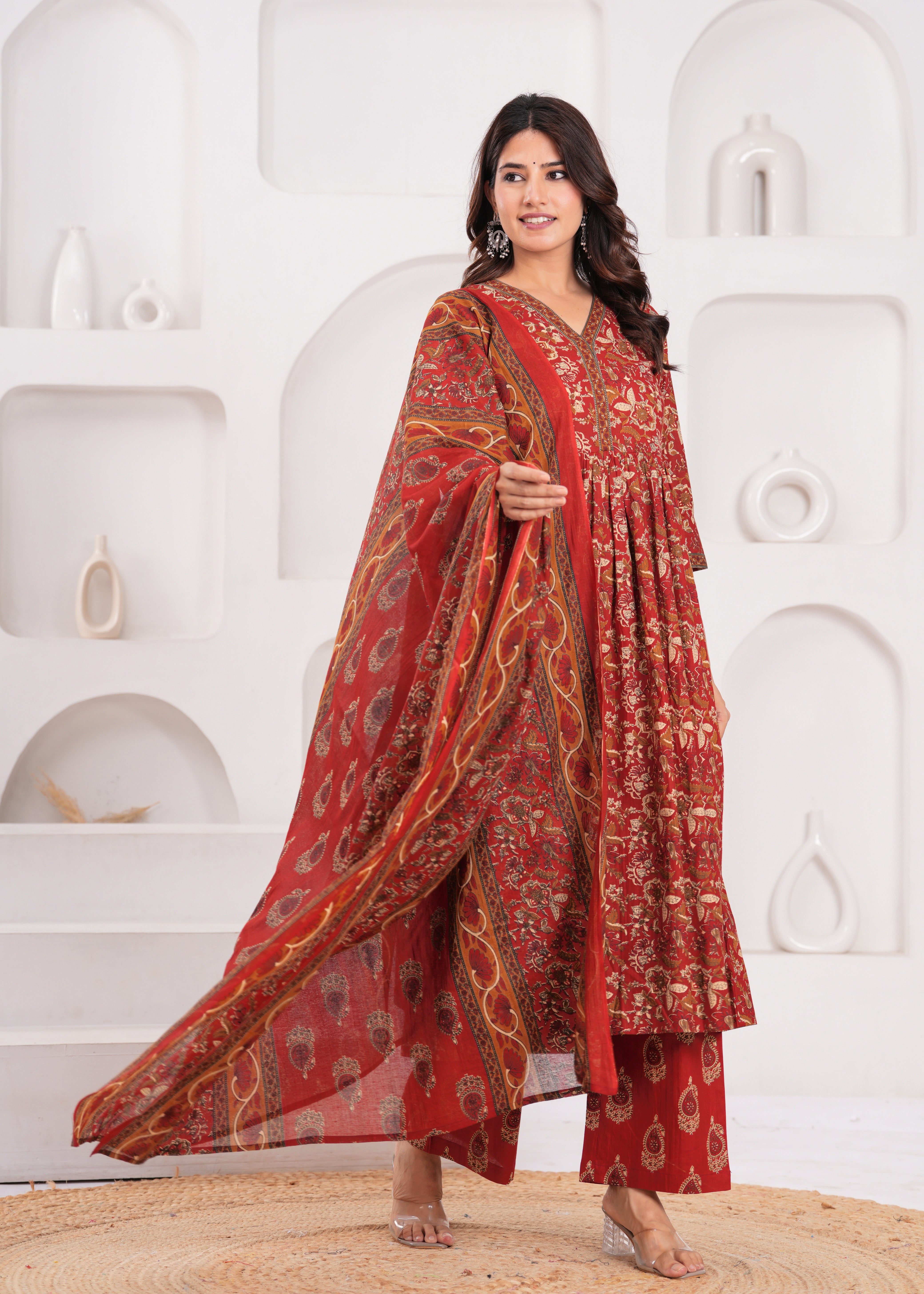 Vibrant Red-Orange Ethnic Suit Set with Dupatta – Crafted from Feather-Soft Pure Cotton for Supreme Comfort and Everyday Elegance