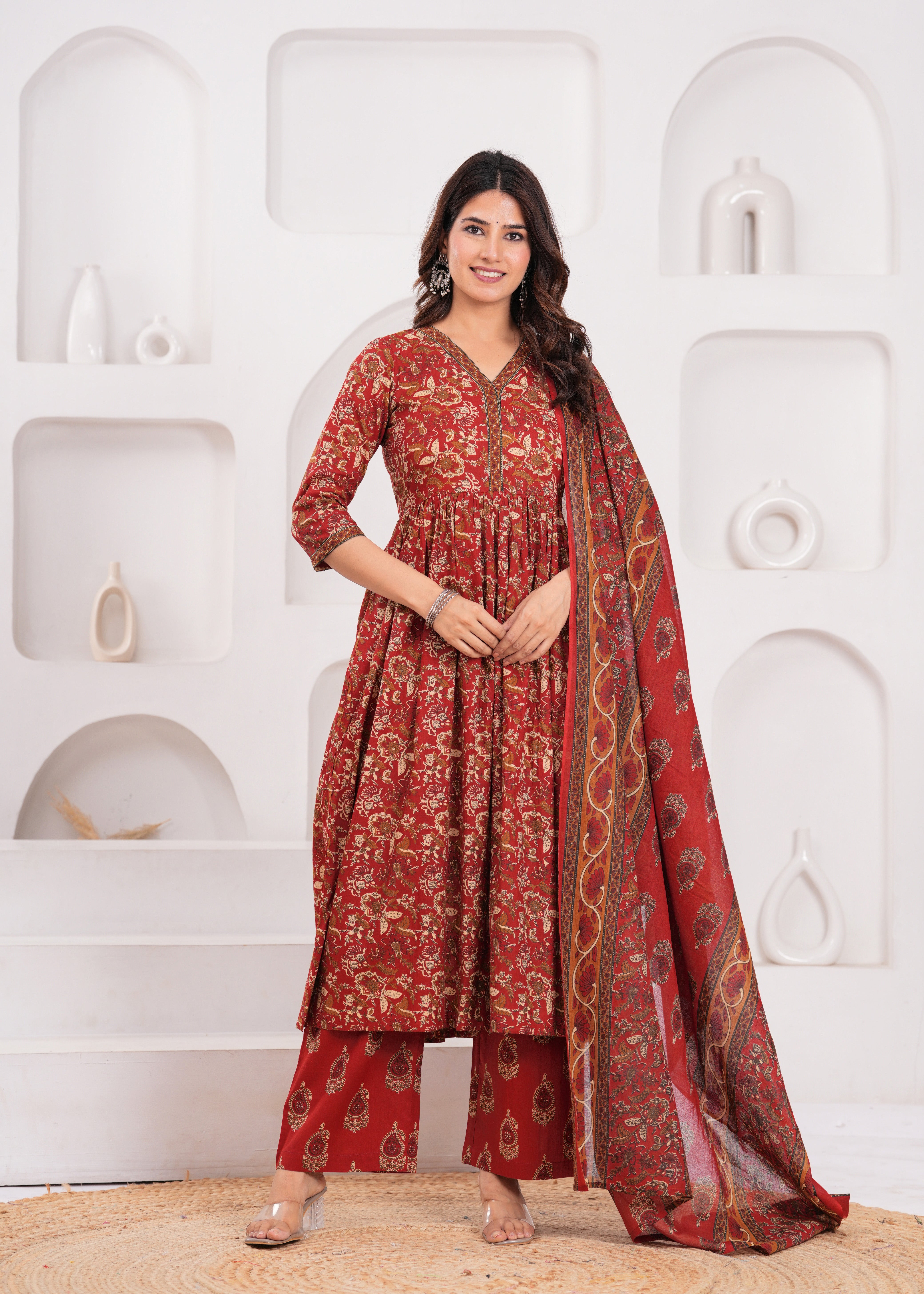 Vibrant Red-Orange Ethnic Suit Set with Dupatta – Crafted from Feather-Soft Pure Cotton for Supreme Comfort and Everyday Elegance