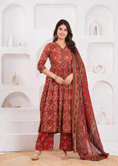 Vibrant Red-Orange Ethnic Suit Set with Dupatta – Crafted from Feather-Soft Pure Cotton for Supreme Comfort and Everyday Elegance