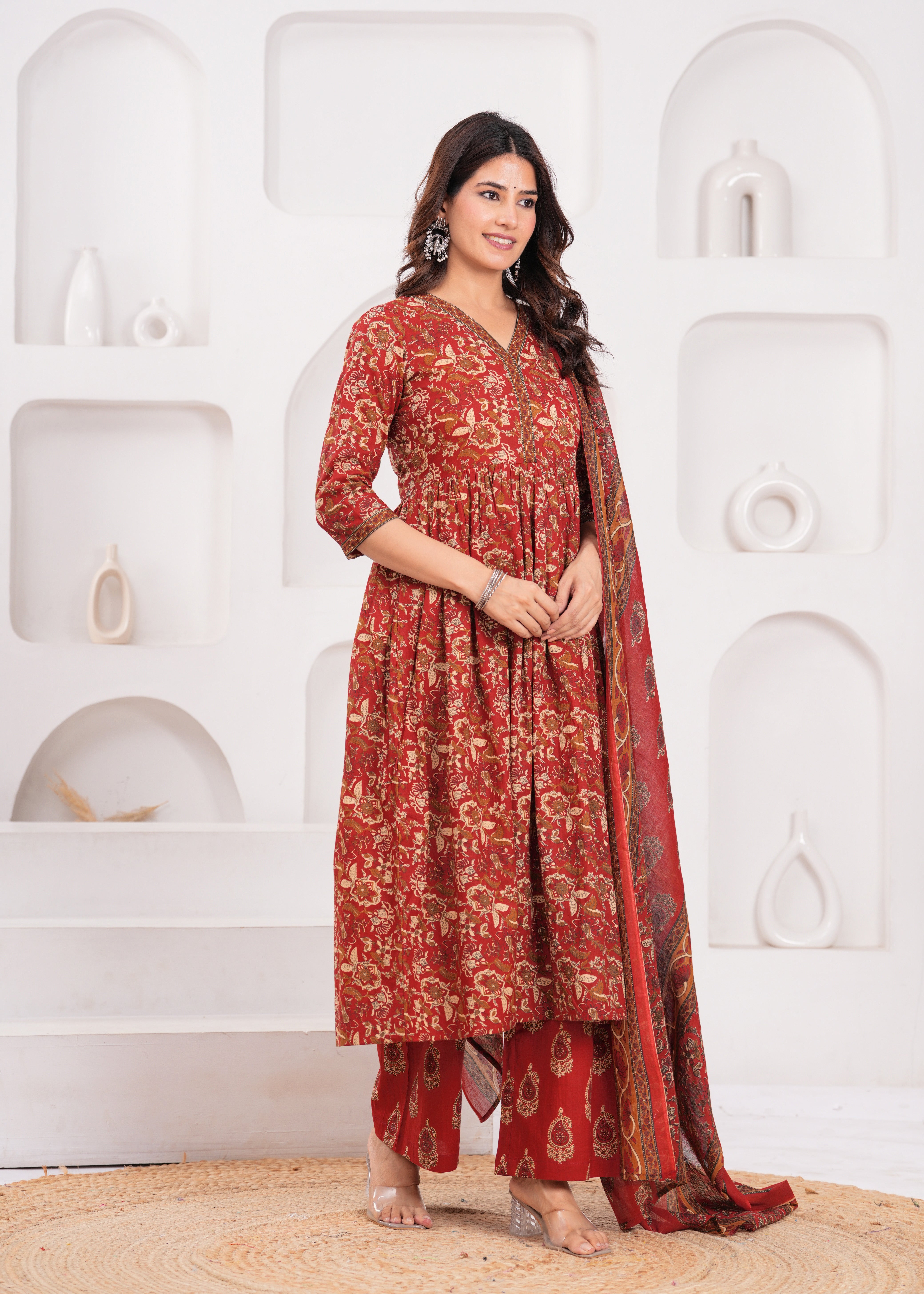 Vibrant Red-Orange Ethnic Suit Set with Dupatta – Crafted from Feather-Soft Pure Cotton for Supreme Comfort and Everyday Elegance