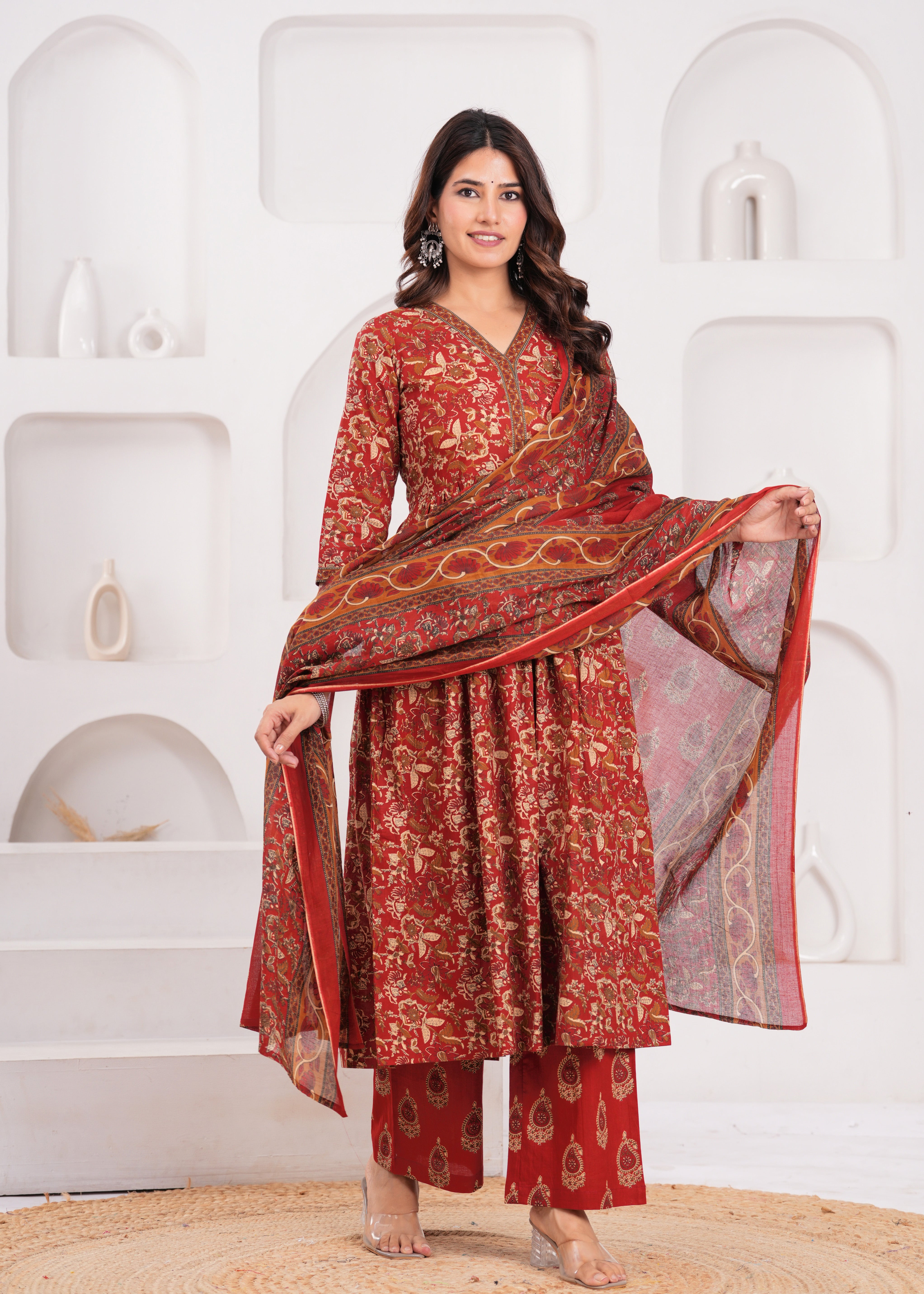 Vibrant Red-Orange Ethnic Suit Set with Dupatta – Crafted from Feather-Soft Pure Cotton for Supreme Comfort and Everyday Elegance