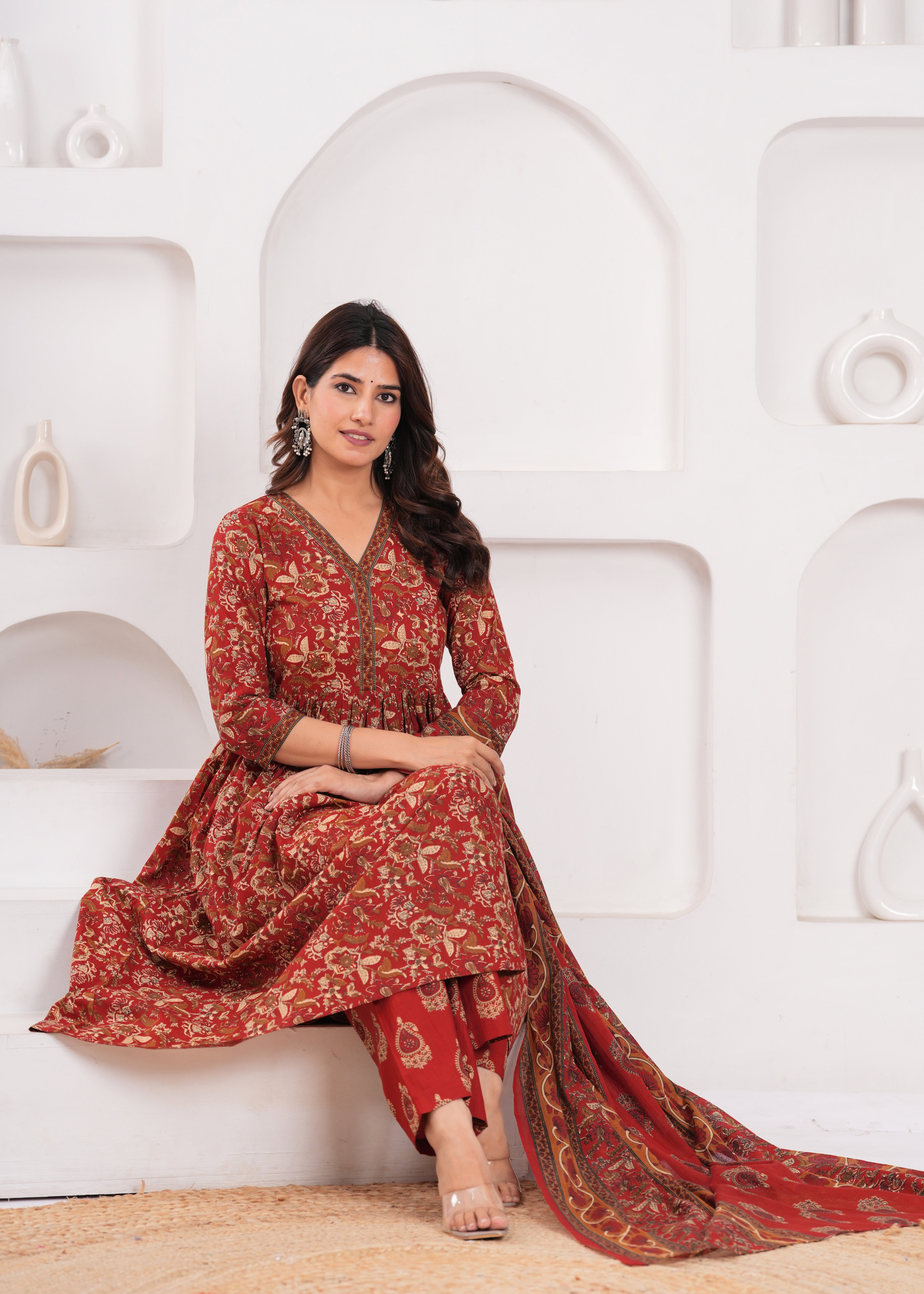 Vibrant Red-Orange Ethnic Suit Set with Dupatta – Crafted from Feather-Soft Pure Cotton for Supreme Comfort and Everyday Elegance